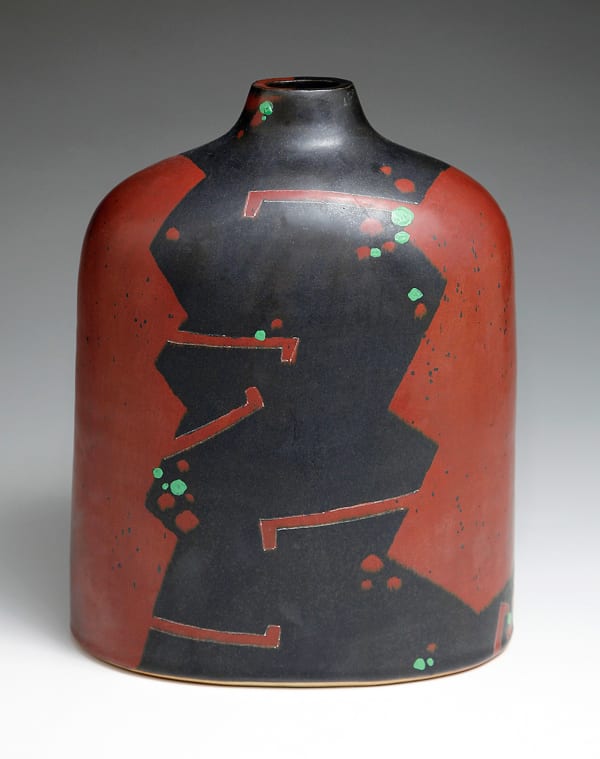 WORK 16-16; Persimmon iron-glazed rounded flattened vessel with raised mouth and key patterning in red on greenish black and green dotted patterning 2016 Glazed stoneware 12 3/4 x 10 x 6 1/2 in. Inv# 9907