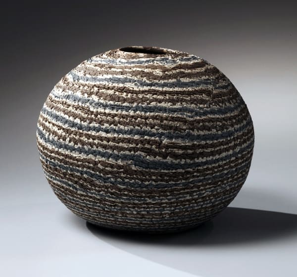 Matsui Kōsei Neriage brush-rubbed striped round vessel 1982 Marbleized stoneware 8 x 9 1/2 in. Inv# 7687 SOLD