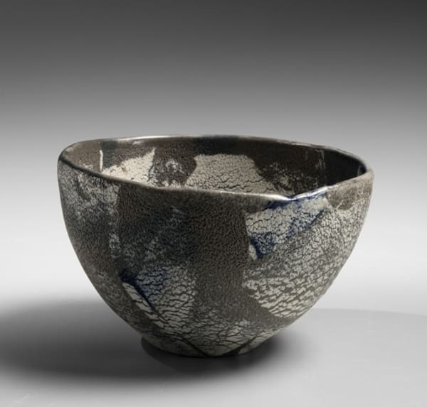 Matsui Kōsei Neriage teabowl with clay-slip-paint on layered and fissured surface ca. 1980 Slip-painted stoneware 3 1/8 x 5 1/8 x 5 in. Inv# 9950 SOLD