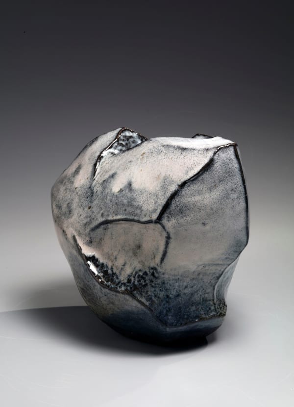 Kaneta Masanao (b. 1953) Rock-like, scooped-out standing vessel with unctuous Hagi and and natural ash glazes and extensive kiln effects 2018 Glazed stoneware 11 1/4 x 9 1/2 inches Inv# 10826 SOLD