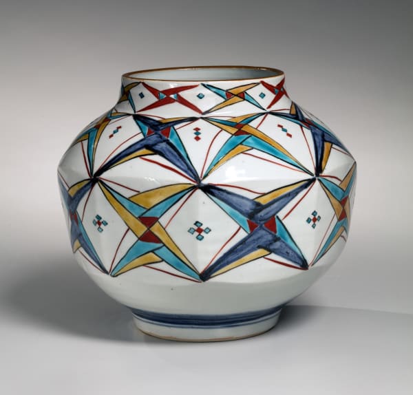 Fujimoto Yoshimichi (Nōdō) (1919-1992) Vase with geometric patterning ca. 1972 Overglaze enameled stoneware 8 7/8 x 9 3/8 x 10 inches Inv# 10719 SOLD