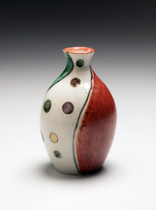 Kitaōji Rosanjin (1886-1963) Sake flask with curvilinear and polka-dot pattern ca. 1940 Polychrome overglaze enameled porcelain 4 1/2 x 2 7/8 inches Inv# 10696 SOLD