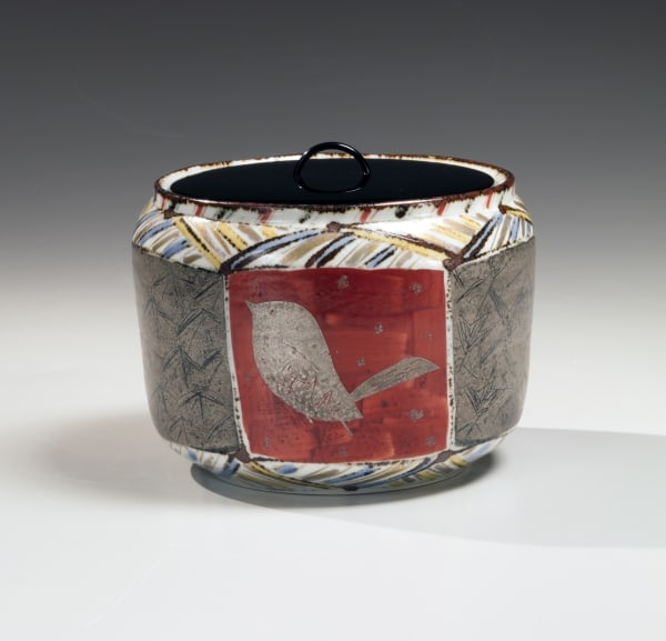 Maeda Masahiro (b. 1948) Faceted water jar decorated with bird motif 1982 Five-color enameled porcelain with silver overglaze 5 1/4 x 6 1/2 inches SOLD