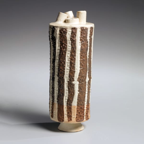 Yagi Kazuo (1918-1979) Tubular sculpture with stamped floral pattern ca. 1957 Slip-glazed stoneware Inv# 10717 9 1/2 x 4 x 3 3/4 inches SOLD