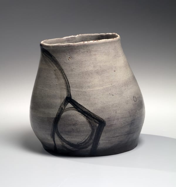 Yagi Kazuo (1918-1979) Leaning vessel with geometric patterning ca. 1970 Glazed stoneware with white and black slip-glaze 9 x 8 1/2 x 9 1/2 inches Inv# 10765 SOLD