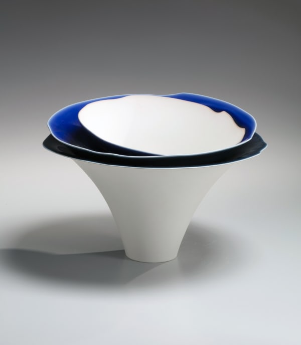 Fukumoto Fuku (b. 1973) Tiered sculpture of two shallow, and one large conical stacked bowls and decorated with blue glazes 2016 Glazed porcelain 8 1/2 x 13 x 12 1/2 inches SOLD