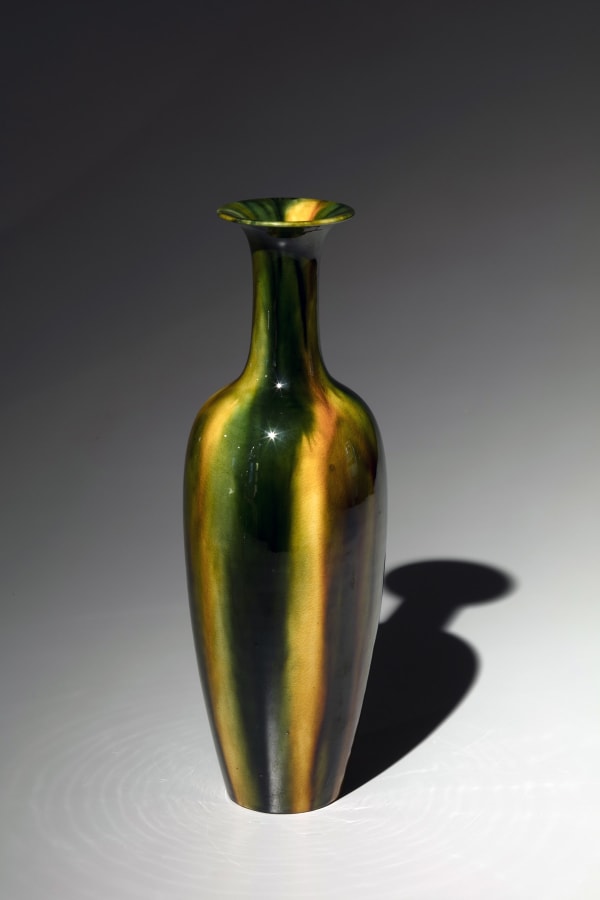 Kiyomizu Rokubei VI (1901-1980) Tri-color-suffused-glazed crane-necked vase ca. 1952 Glazed stoneware 11 3/4 x 4 inches SOLD