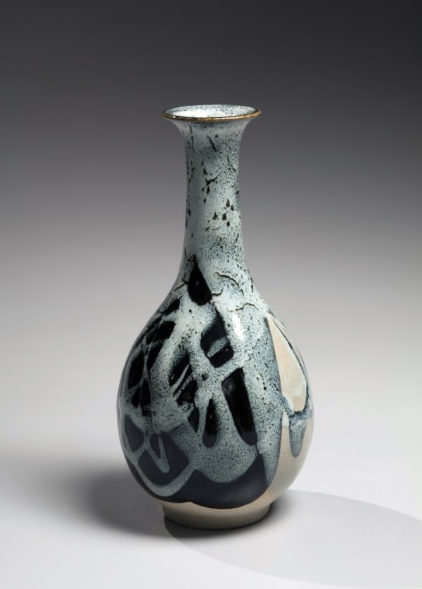 Kiyomizu Rokubei VI (1901-1980) Kakewake (multi-glazed) crane necked vase ca. 1970 Glazed stoneware 9 1/2 x 4 5/8 inches SOLD