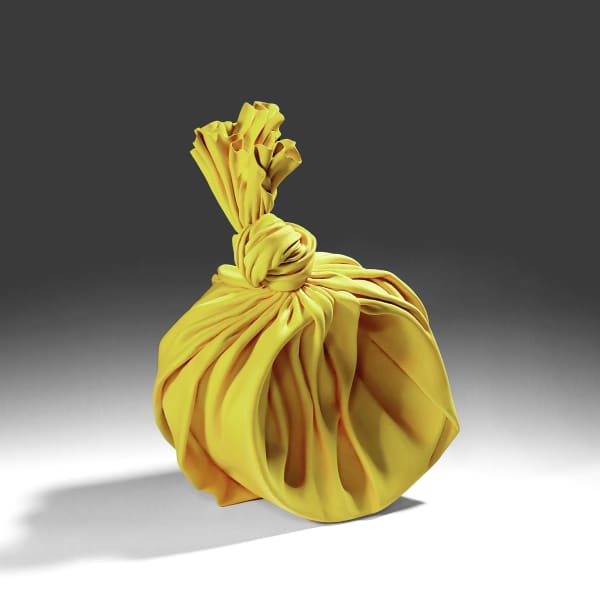 Tanaka Yū (b. 1989) Yellow sculpture in the shape of a knotted furoshiki (wrapping cloth) enclosing an open-mouthed vessel 2020 Matte-glazed stoneware 19 3/4 x 14 5/8 x 14 5/8 in. Inv# 11722 SOLD