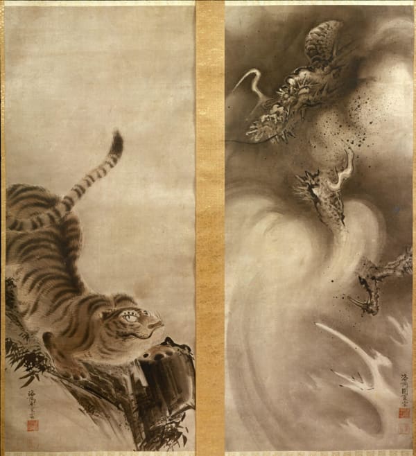 MARUYAMA ÔKYO Tiger and Dragon Meiwa era (1764-70) Ink on paper; Pair of hanging scrolls 44 x 18 1/4 inches (each; exclusive of mount) Inv# 3217