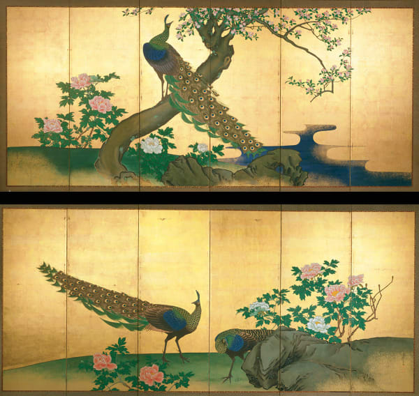 HARA ZAICHU Two peacocks and a peahen with peony bushes and a blossoming cherry tree 1826 Pair of six-fold screens; Ink, color, and gofun on paper with gold leaf 68 1/4 x 144 1/2 inches Inv# 5001