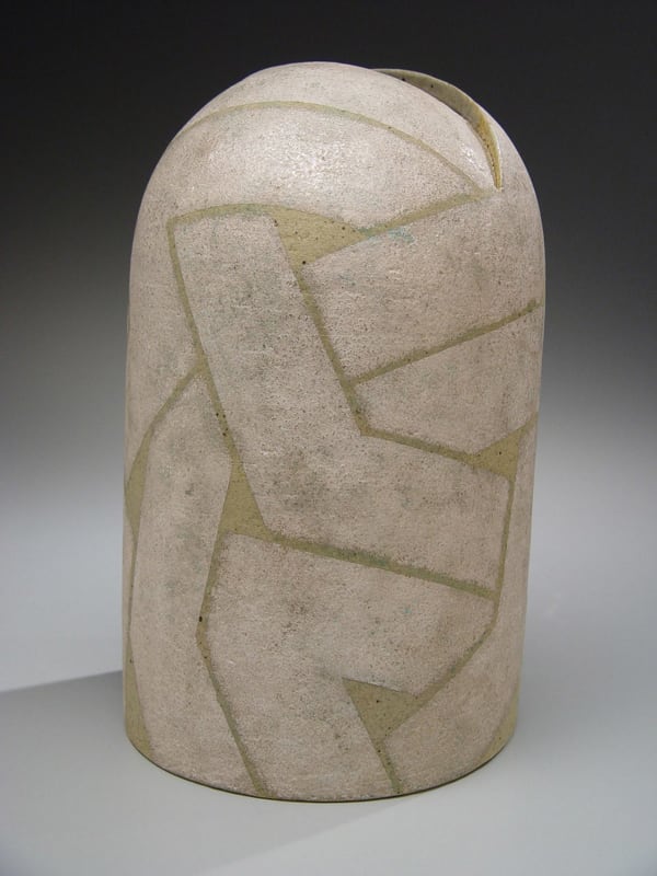 KURIKI TATSUSUKE Rounded, leaning vase with linear patterning and metallic glaze 1988 Stoneware 11 1/4 x 7 x 7 inches Inv# 5112