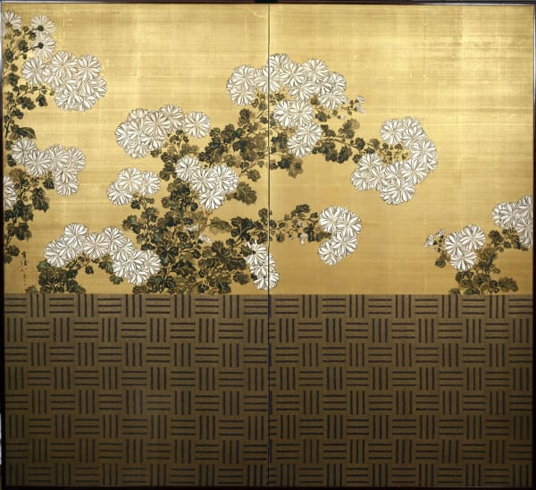KAMISAKA SEKKA White chrysanthemums behind a woven bamboo fence ca. 1910 Two-fold screen; Ink, color, and gofun on silk with gold wash and silk brocade 67 1/2 x 74 inches Inv# 5154
