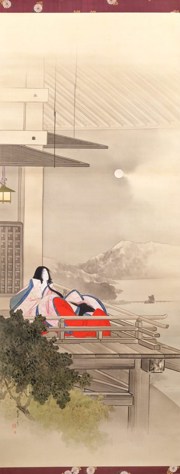 WATANABE SEITEI Murasaki Shikibu standing on a veranda, viewing the moon ca. 1905 Hanging scroll; Ink and color on silk 48 1/2 x 19 1/2 inches Inv# 4414