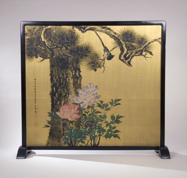 SUZUKI SHÔNEN AND KISHI CHIKUDÔ Flycatcher perched in a pine tree near peonies; White egret with bamboo (verso) 1894, Year of the Horse, Autumn Single-panel standing screen (tsuitate); Ink and color on silk with gold wash 45 1/2 x 50 5/8 inches (without mount); 50 x 55 1/4 inches Inv# 5759