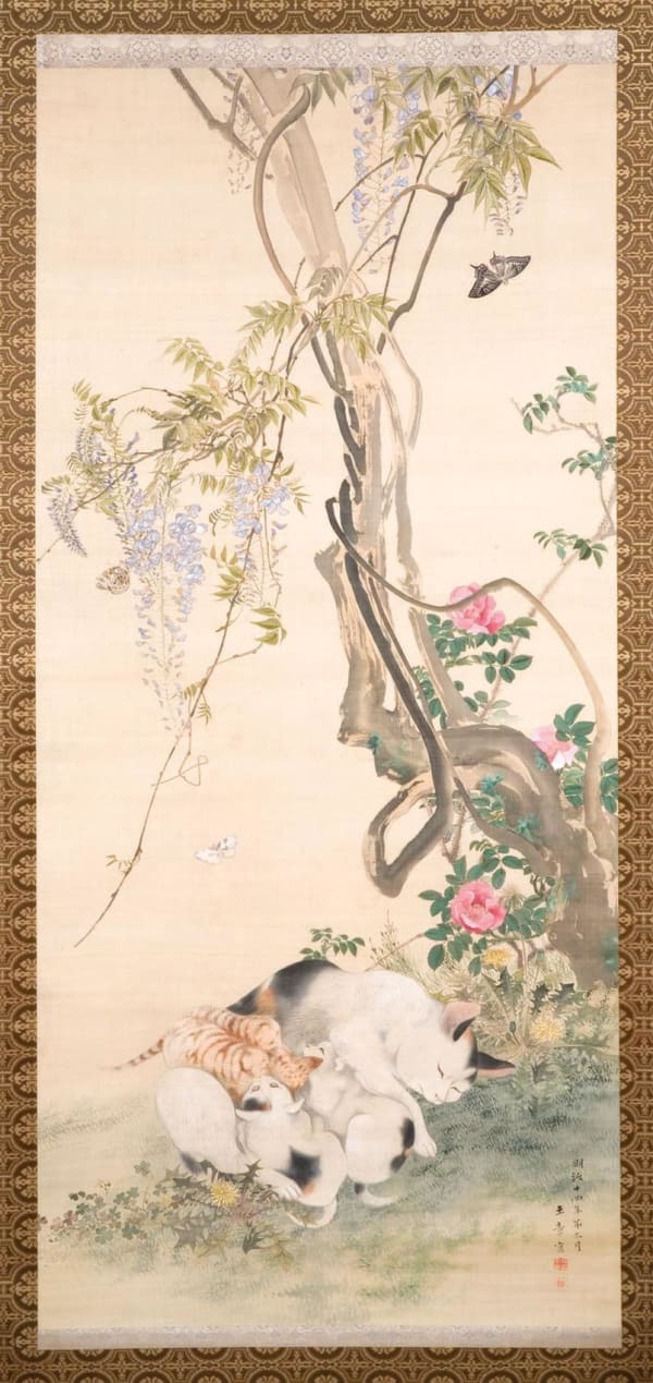 Kawabata Gyokushô (1842 - 1913) Cat and kittens beneath an old wisteria vine with blooming Chinese roses, dandelions and butterflies 1881 Hanging Scroll; Ink and color on silk with original mount 57 x 26 3/4 inches Inv#5674
