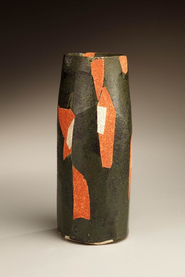 Wada Morihiro (1944 - 2008) Multifaceted columnar vase with red and green abstract pattern, 1998 Stoneware 11 3/4 x 5 inches Inv# 6094
