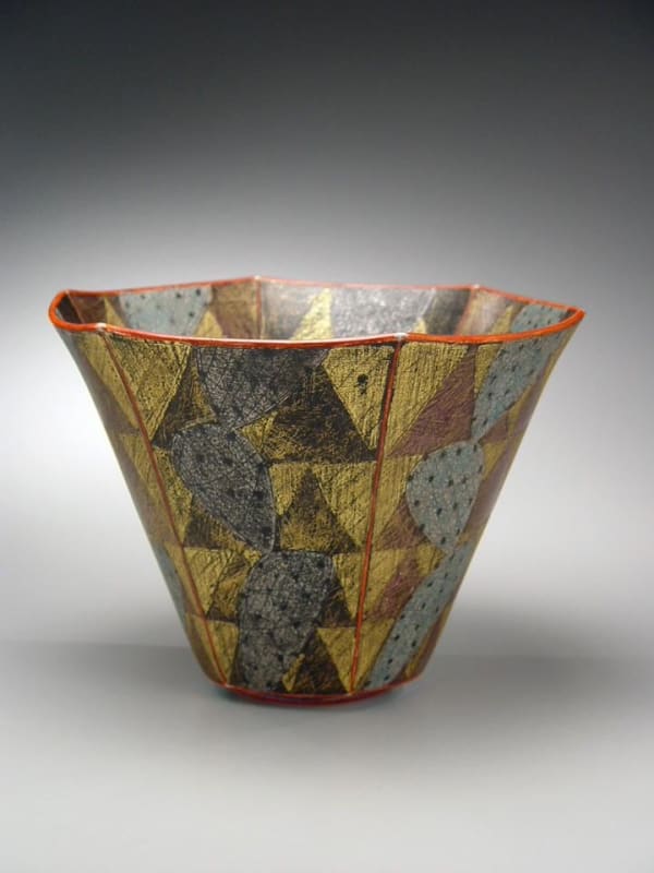 Maeda Masahiro (b. 1948) Large hexagonal faceted bowl with abstract cacti, 2005 Stoneware with polychrome under and overglazing 12 1/2 x 9 inches Inv# 4274