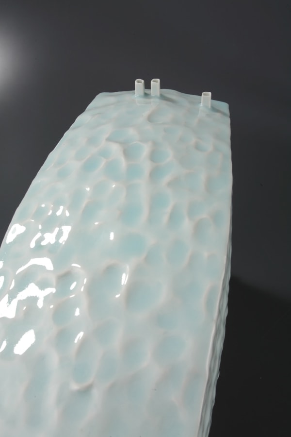 Kayô - Rectangular ancient Chinese house-inspired sculpture with blue-white seihakuji glaze (Inv# 6247) Glazed Porcelain 15 x 18 1/2 x 7 5/8 inches (click image for further images)