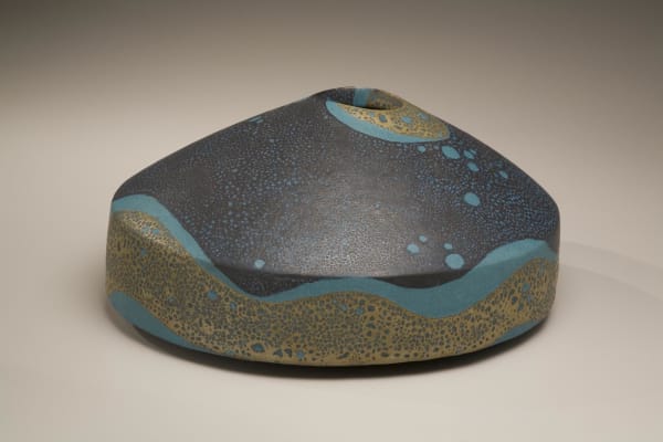 Morino Taimei (Hiroaki) (b. 1934) Flattened ovoid vessel with conical top and turquoise, navy, and ochre iron glaze, 2008 Stoneware with iron glazes 12 5/8 x 11 x 12 5/8 inches Inv# 5741