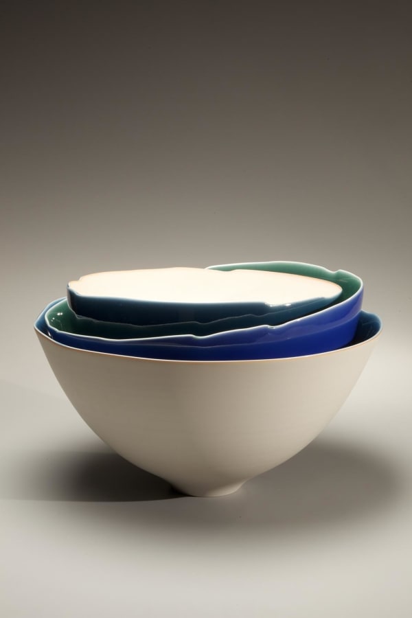 Fukumoto Fuku (b. 1973) Triple-tiered sculpted bowl, 2009 Porcelain fused with 3 blue glazes 6 5/8 x 12 1/2 inches Inv# 6456