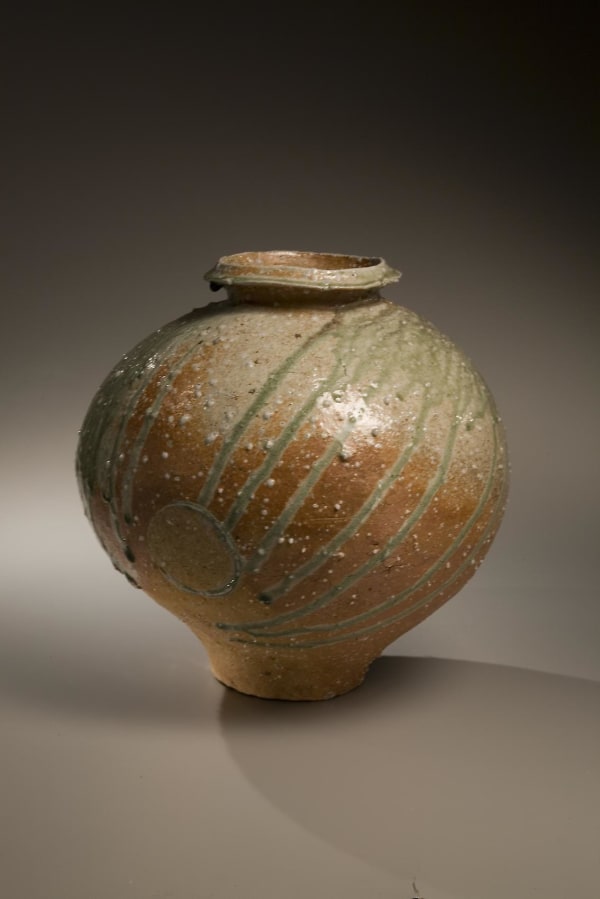 Tsujimura Kai (b. 1976) Vessel with round body and tapered base with natural ash glaze in brown and light green, 2008 Stoneware with Natural ash glaze 14 x 13 1/2 inches Inv# 5701