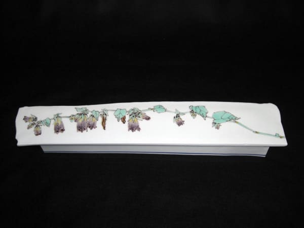 Narrow footed platter with floral design of bell flowers, 2010 Porcelain with polychrome enamel glazes 2 1/8 x 4 x 20 3/4 inches Inv# 6680 SOLD