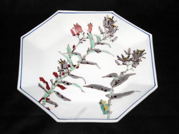 Octagonal platter decorated with red and black toad lilies and a frog, 2010 Porcelain with polychrome enamel glazes 2 1/8 x 15 1/4 x 13 7/8 inches Inv# 6682 SOLD