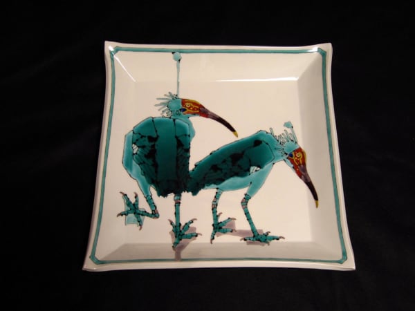 Square plater with angled sides, decorated with two blue Japanese crested ibises, 2010 Porcelain with polychrome enamel glazes 2 5/8 x 15 inches Inv# 6685 SOLD