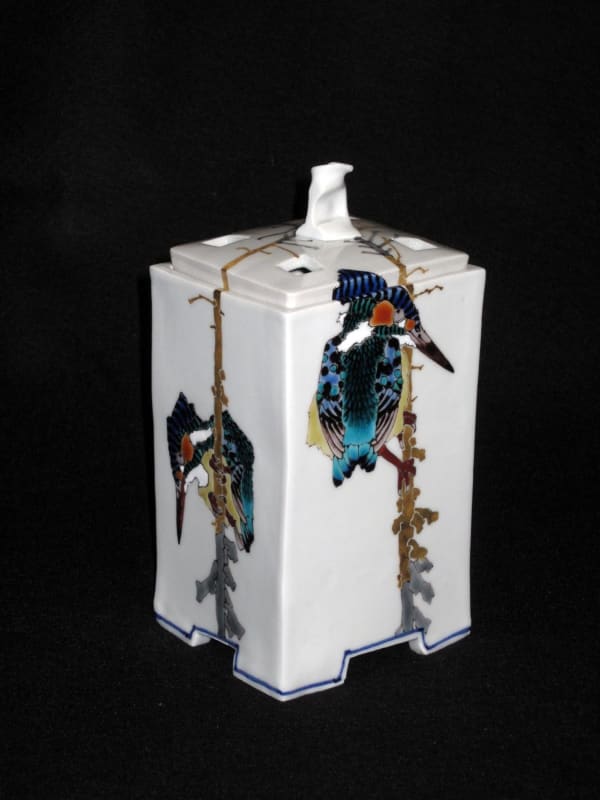 Square incense burner with a perforated cover and elevated foot decorated with kingfishers perched on dried plants, 2010 Porcelain with polychrome enamel glazes 7 5/8 x 3 5/8 x 4 1/8 inches Inv# 6668 SOLD