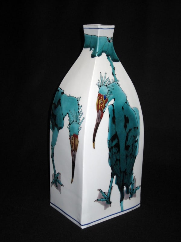 Tall vase with rounded shoulders decorated with three blue Japanese crested ibises, 2010 Porcelain with polychrome enamel glazes 16 1/4 x 6 x 5/8 inches Inv# 6672 SOLD