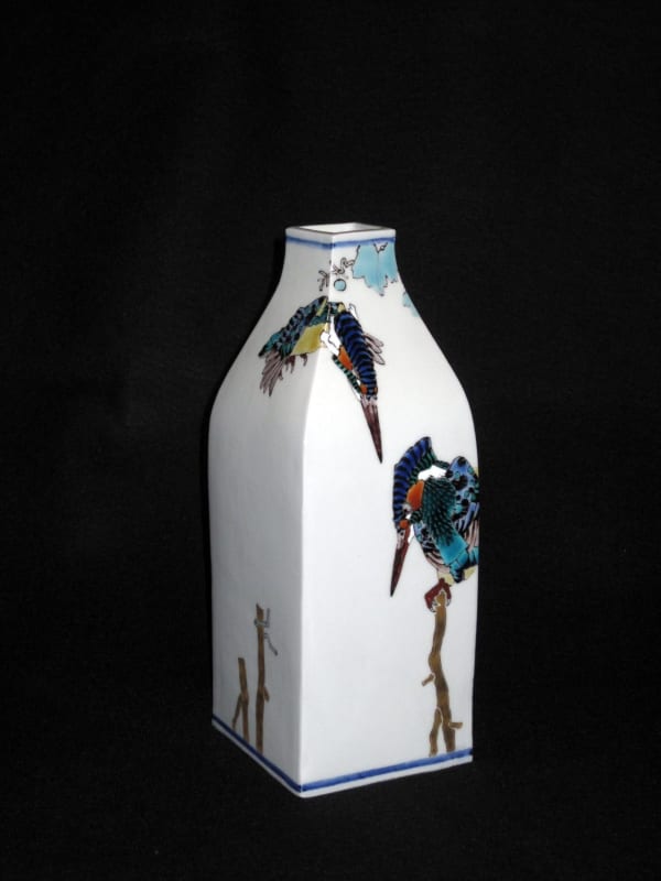 Tall vase decorated with two kingfishers and dried reeds, 2010 Porcelain with polychrome enamel glazes 9 1/2 x 3 3/4 inches Inv# 6681 SOLD