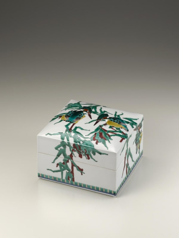 Covered square box decorated with kingfishers on vines, 2010 Porcelain with polychrome enamel glazes 5 3/8 x 7 6/8 inches Inv# 6662 SOLD