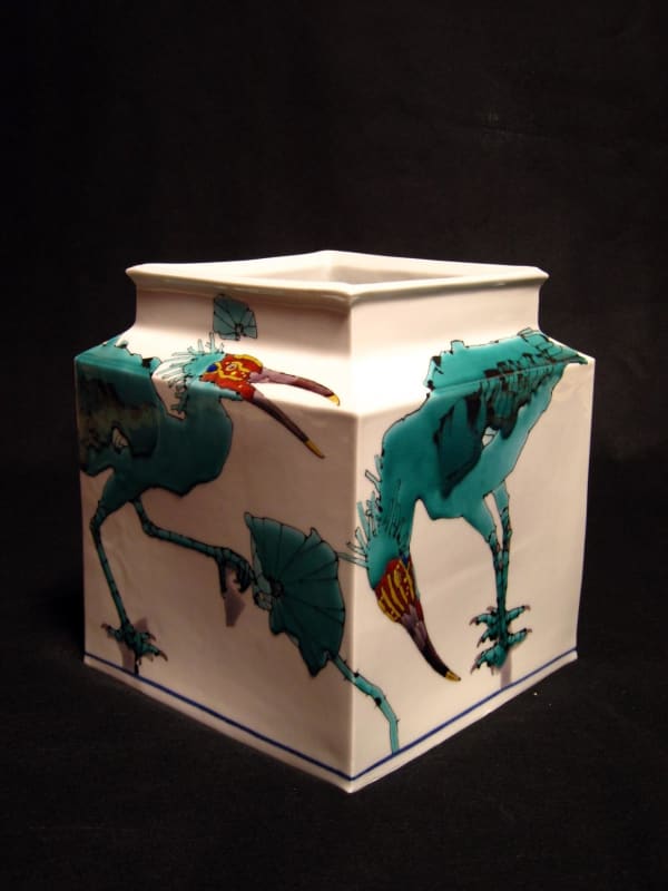 Square vase with Japanese blue ibises and lotus plants, 2010 Porcelain with polychrome enamel glazes 10 1/2 x 9 3/8 inches Inv# 6687 SOLD