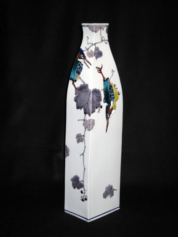 Tall vase decorated with kingfishers and wild grape vines, 2010 Porcelain with polychrome enamel glazes 21 1/2 x 5 inches Inv# 6671 SOLD