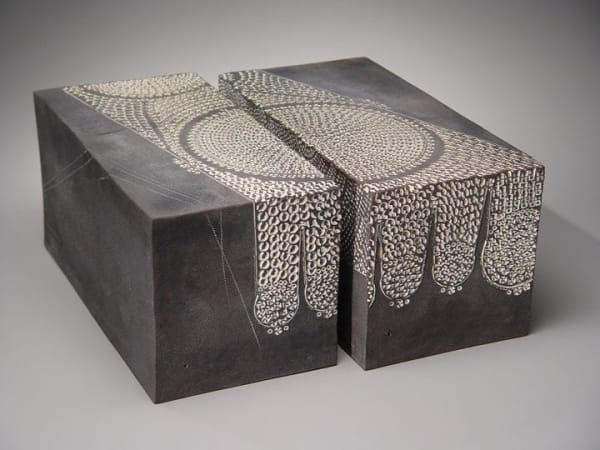 Kondô Yutaka (1932 - 1983) \"Footprint of the Buddha\" set of two rectangular black glazed sculptural pieces with impressed patterning and white slip inlay, 1979 7 11/16 x 7 3/4 x 15 11/16 inches each Inv# 4287 Halsey and Alice North Collection