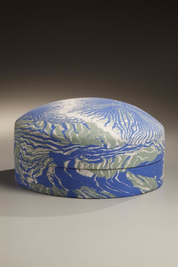 Matsui Kosei (1927-2003) Covered box with neriage (marbelized) clay inlays in white, blue and grey, 1989 Stoneware with marbleized colored inlay 5 1/2 x 10 inches Inv# 6636 SOLD