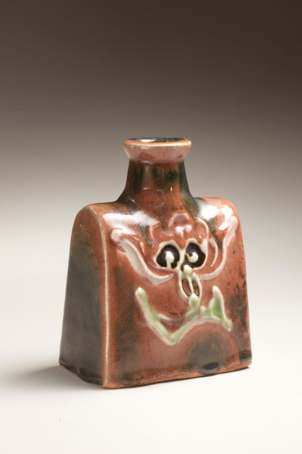 Kawai Kanjirô (1890-1960) Small broad-shouldered flattened vessel with raised neck and slip-trailing decoration , 1950 Copper-red shinsha glazed stoneware 6 3/4 x 5 inches SOLD Inv# 6824