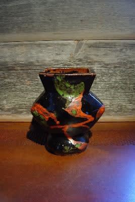 Kawai Kanjiro (1890-1960) Three color-splashed glazed square (henko) stoneware flask-vase with red and green glazes on black ground, ca. 1960 Glazed stoneware 8 3/8 x 7 3/8 inches SOLD Inv# 6868