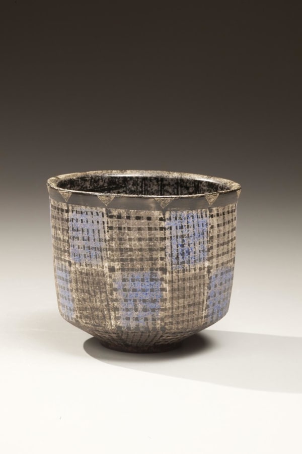 Maeda Masahiro (b. 1948) Tea bowl with blue and black checkered pattern, 2010 Stoneware with black, silver and white glazes; 3 1/2 x 4 1/4 inches Inv# 6759