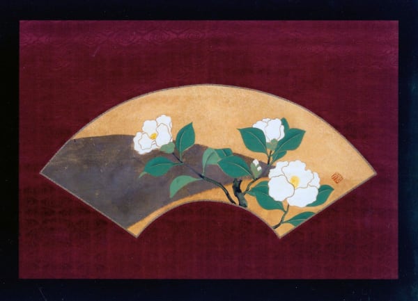 Watanabe Shikô (1683-1755) Fan painting of camellia; Sealed: Shikô Ink color, gofun, silver and gold; 9 x 19 1/2 inches (exclusive of mount) Inv# M23355