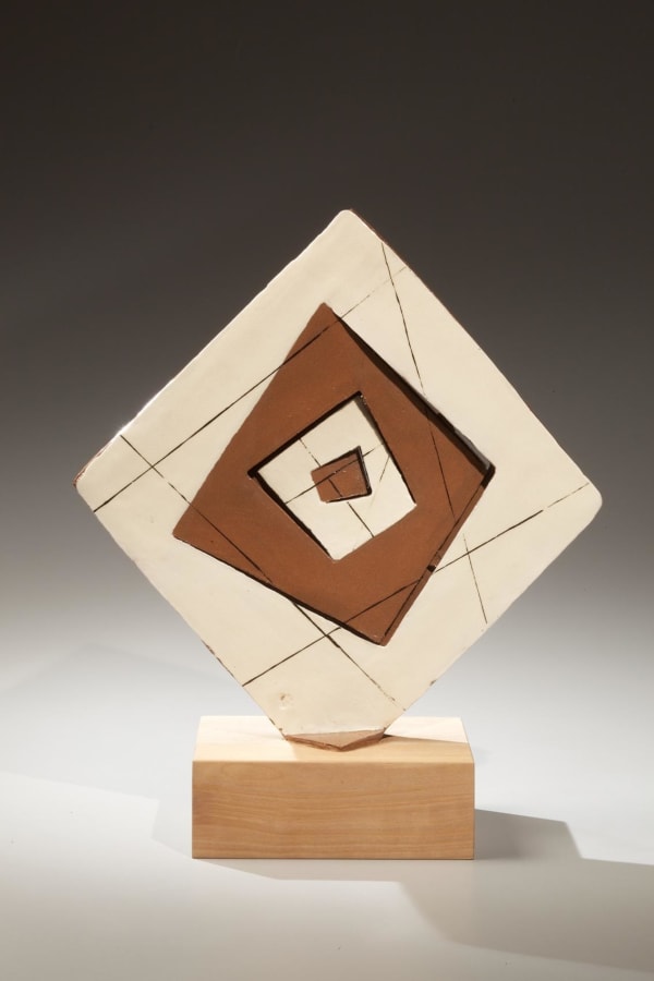 YAMADA HIKARU (1923-2001) Diamond-shaped glazed stoneware sculpture:1972 12 1/4 x 12 1/14 x 3 1/8 inches Glazed stoneware with wood SOLD