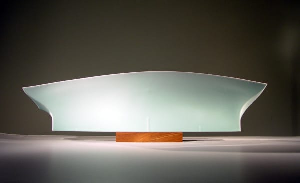 Fukami Sueharu (b. 1947) Mochi; Full Moon, 1990 Seihakuji-glazed porcelain with brown walnut wooden stand Sculpture: 12 x 49 1/8 x 6 inches; Base: 2 x 12 3/8 x 3 7/8 inches Inv# 6740 SOLD