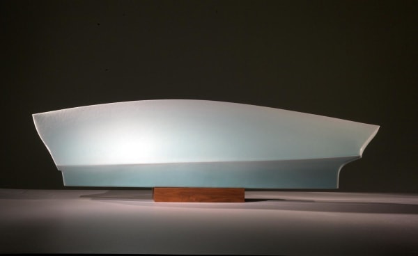 Fukami Sueharu (b. 1947) Mochi; Full Moon, 1990 Seihakuji-glazed porcelain with brown walnut wooden stand Sculpture: 12 x 49 1/8 x 6 inches; Base: 2 x 12 3/8 x 3 7/8 inches Inv# 6740 SOLD