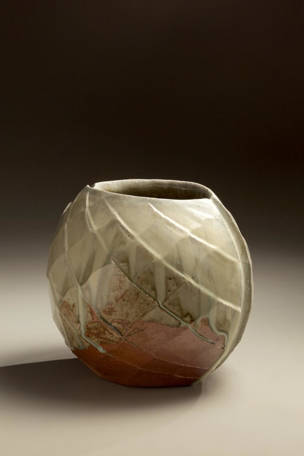 Wide mouthed spherical Tanba vessel with diamond-shaped carved surface patterning and ladle-poured ash glaze, 2010 Wood-fired stoneware with ash glaze 10 1/4 x 12 1/4 x 10 5/8 inches; Inv# 6891 SOLD