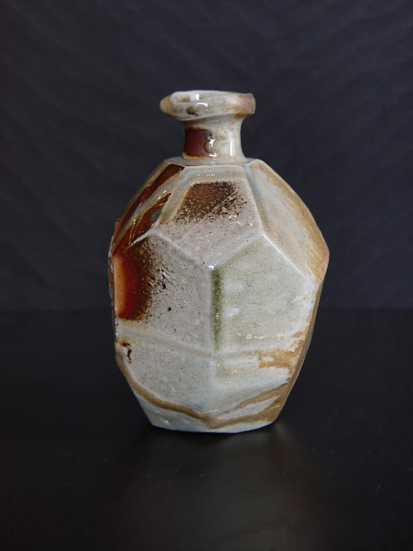 Faceted Tanba tokkuri (sake flask) with light glaze and dripping green ash glaze, 2011 Wood-fired stoneware with natural ash glaze and kiln effects 6 x 4 3/8 inches; Inv# 6937 SOLD