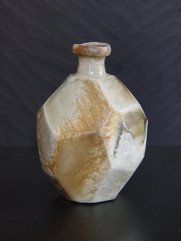 Faceted Tanba tokkuri (sake flask) with light glaze and dripping green ash glaze, 2011 Wood-fired stoneware with natural ash glaze and kiln effects 6 x 4 3/8 inches; Inv# 6937 SOLD