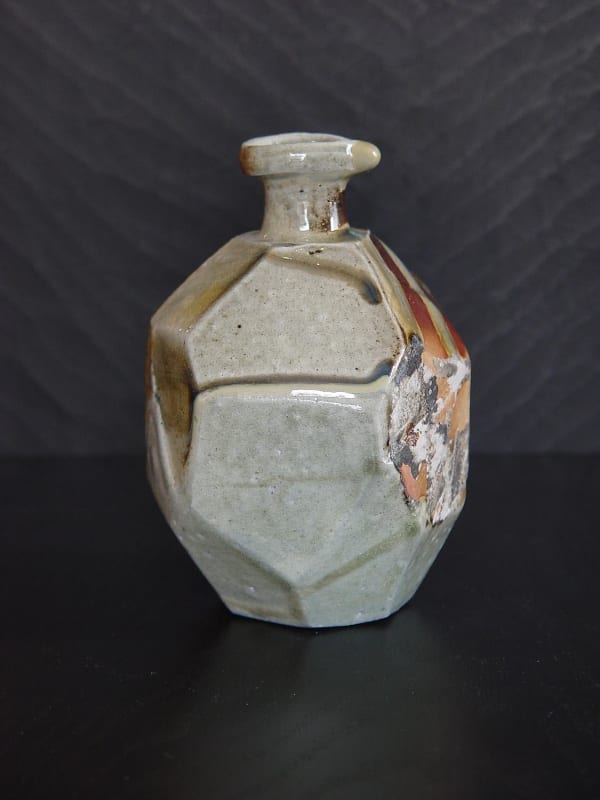 Faceted Tanba tokkuri (sake flask) with light glaze and dripping green ash glaze, 2011 Wood-fired stoneware with natural ash glaze and kiln effects 6 x 4 3/8 inches; Inv# 6937 SOLD
