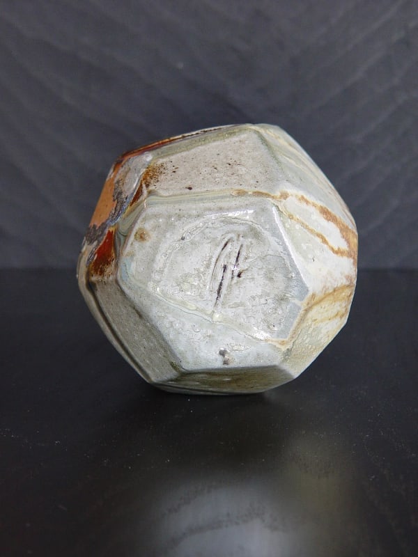 Faceted Tanba tokkuri (sake flask) with light-colored natural ash glaze, 2011 Wood-fired stoneware with natural ash glaze and kiln effects 6 x 4 1/2 inches; Inv# 6935 SOLD