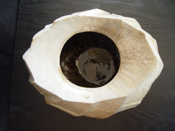 Oval covered Tanba water storage jar with ash glaze covering diagonal banding, 2011 Wood-fired stoneware with ash glaze 7 5/8 x 9 x 10 3/4 inches; Inv# 6924 SOLD